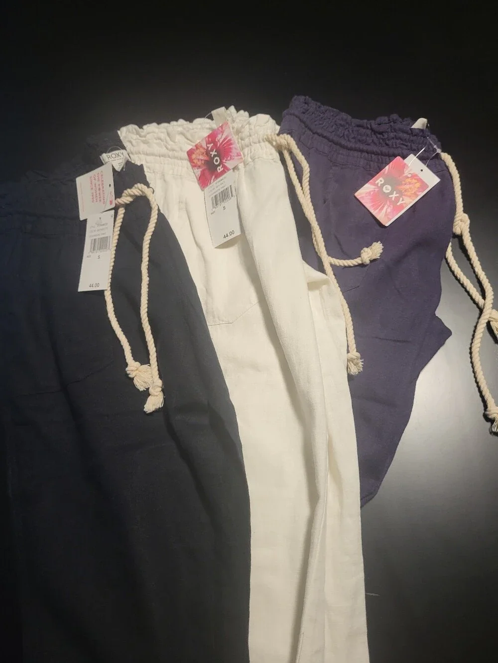 3 Pair Roxy Rope-Drawstring Linen Pants — White, Black, Blue